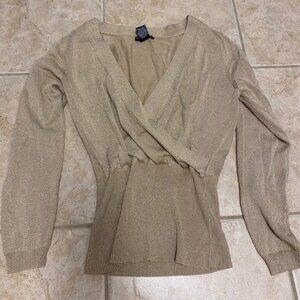 New York & Co Sweater Womens Small Gold Wrap V Neck Holiday Party Sparkly